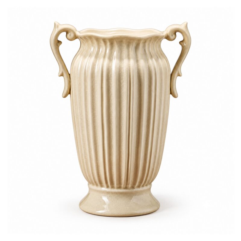 Wazon ceramiczny z uchwytami, prążkowany, szkliwo spękane 26 cm - wariant kremowy