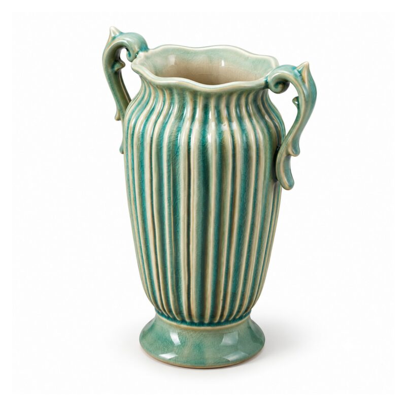 Wazon ceramiczny z uchwytami, prążkowany, szkliwo spękane 26 cm - wariant turkusowy