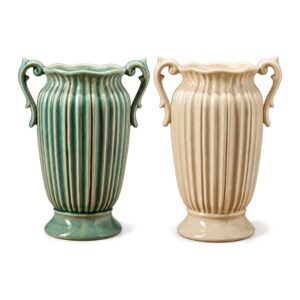 Wazon ceramiczny z uchwytami, prążkowany, szkliwo spękane 26 cm - dwa kolory wazonu obok siebie: turkusowy i kremowy