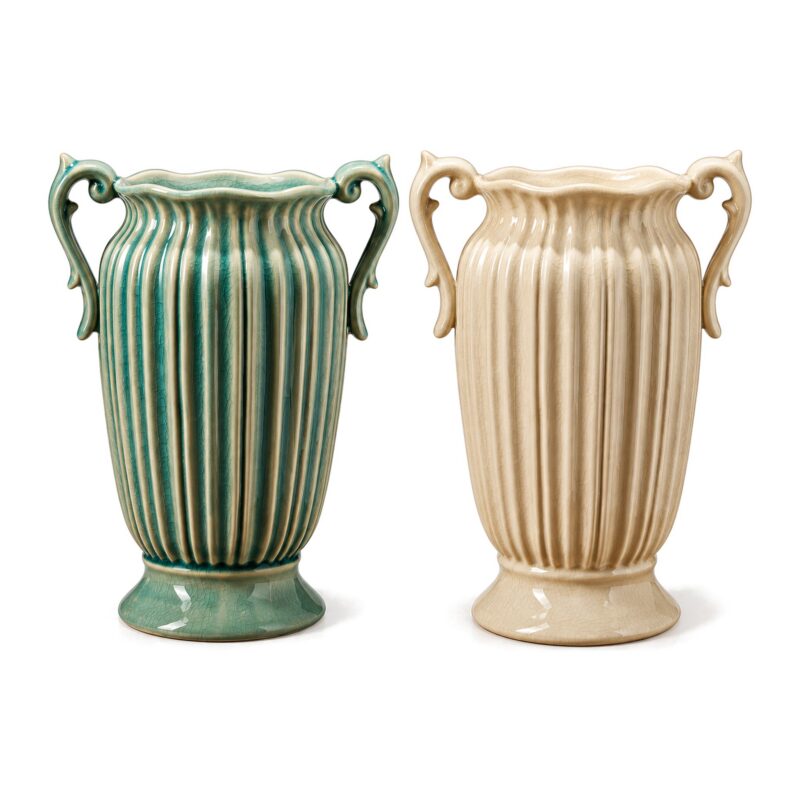 Wazon ceramiczny z uchwytami, prążkowany, szkliwo spękane 26 cm - dwa kolory wazonu obok siebie: turkusowy i kremowy