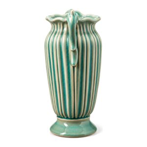 Wazon ceramiczny z uchwytami, prążkowany, szkliwo spękane 26 cm - wazon z boku, uchwyt w profilu