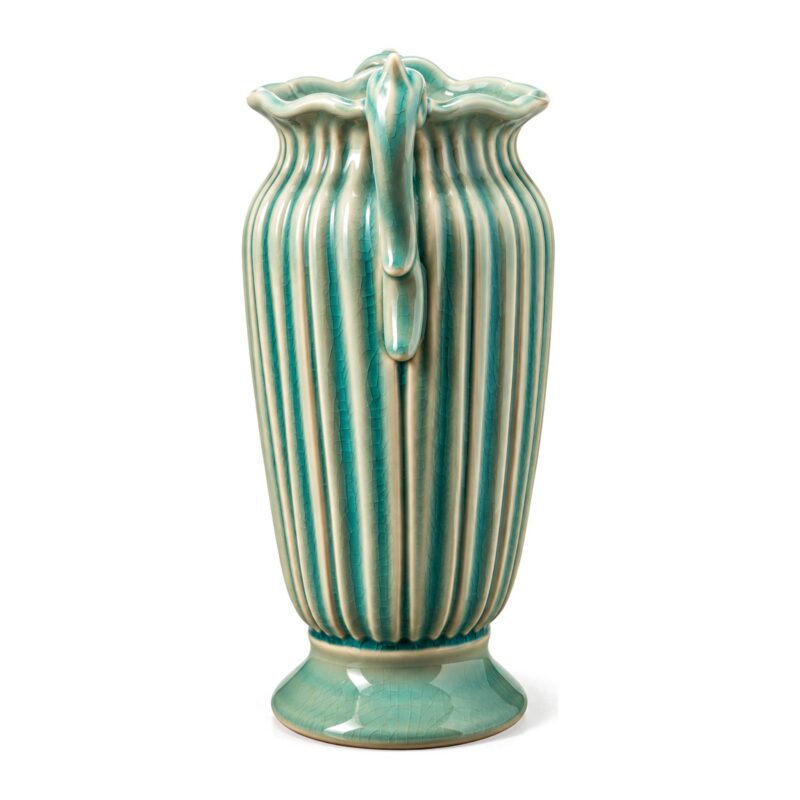 Wazon ceramiczny z uchwytami, prążkowany, szkliwo spękane 26 cm - wazon z boku, uchwyt w profilu