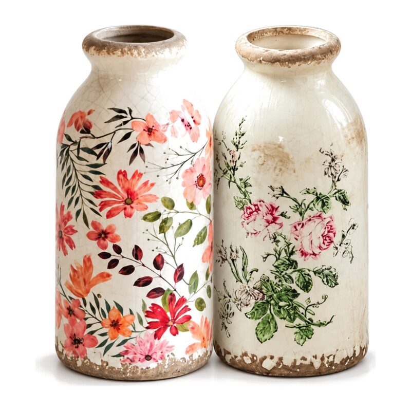 Wazon ceramiczny vintage w kwiaty, spękane szkliwo, 15 cm, retro - zdjęcie główne