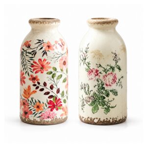Wazon ceramiczny vintage w kwiaty, spękane szkliwo, 15 cm, retro - wariant komplet 2 szt.