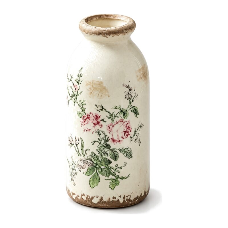 Wazon ceramiczny vintage w kwiaty, spękane szkliwo, 15 cm, retro - wazon vintage w róże, bez linii wymiarów