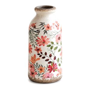 Wazon ceramiczny vintage w kwiaty, spękane szkliwo, 15 cm, retro - wazon vintage w kolorowe kwiaty polne, bez linii wymiarów