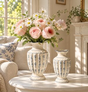 Wazon ceramiczny vintage w niebieskie wzory, 18,5 lub 23,5 cm - słoneczny salon w stylu francuskim, oba wazony z różami