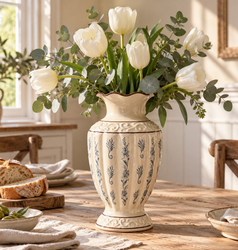 Wazon ceramiczny vintage w niebieskie wzory, 18,5 lub 23,5 cm - rustykalna jadalnia, wazon z brązowym brzegiem i tulipanami