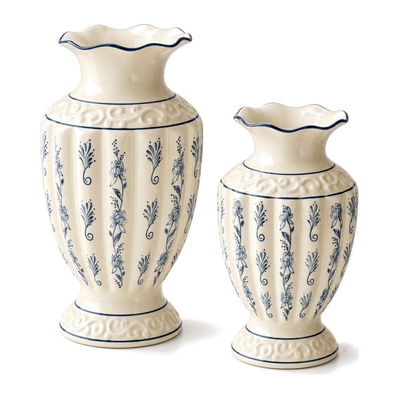 Wazon ceramiczny vintage w niebieskie wzory, 18,5 lub 23,5 cm - oba rozmiary z niebieskim brzegiem, 23,5 i 18,5 cm