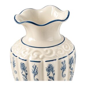 Wazon ceramiczny vintage w niebieskie wzory, 18,5 lub 23,5 cm - zbliżenie falbanki, reliefu i ręcznie malowanego wzoru