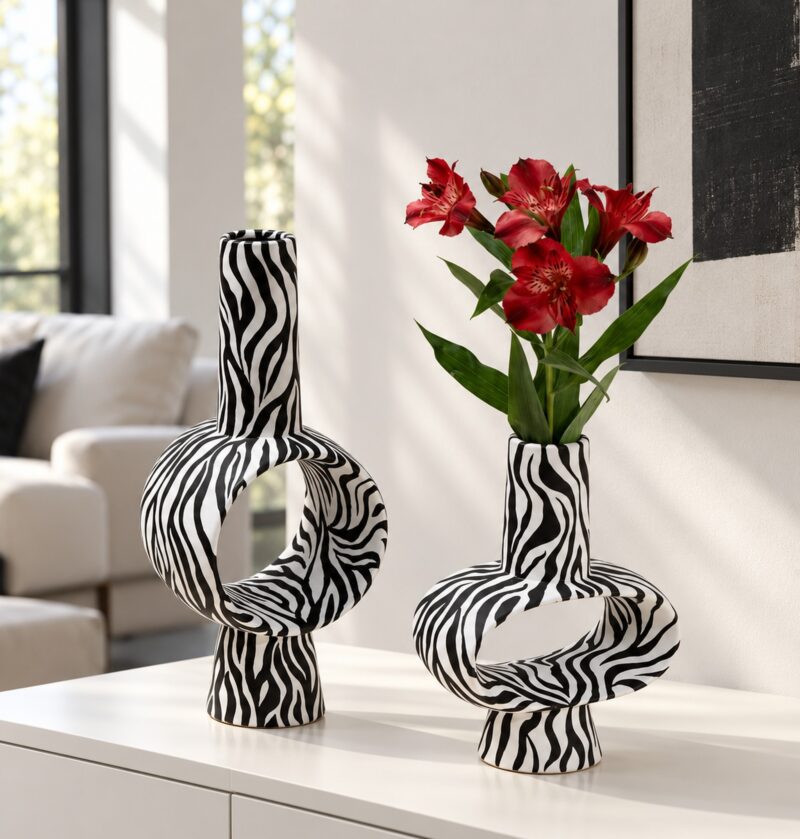 Wazon ceramiczny zebra z otworem, czarno-biały, geometryczny 20-30 cm - nowoczesny salon w bieli i czerni, wazony na komodzie