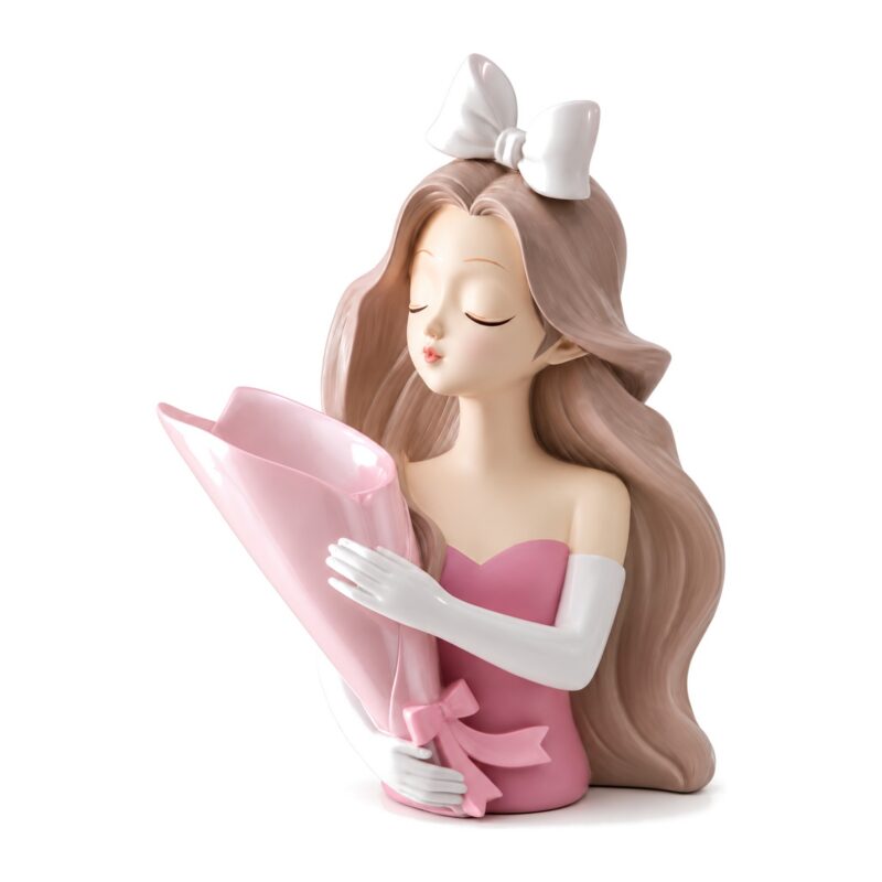 Wazon figurka dziewczynki z żywicy z bukietem, różowa lub niebieska 33 cm - różowa figurka-wazon z białą kokardą, bez kwiatów, na białym tle