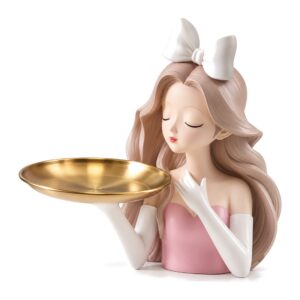 Wazon figurka dziewczynki z żywicy z bukietem, różowa lub niebieska 33 cm - różowa figurka ze złotą tacą, bez linii wymiarowych, na białym tle