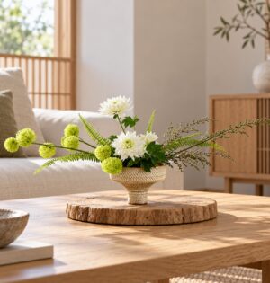 Wazon kielich do ikebany 18 cm, ceramika z młotkowanym wzorem - salon japandi, ikebana z chryzantemami na plastrze drewna
