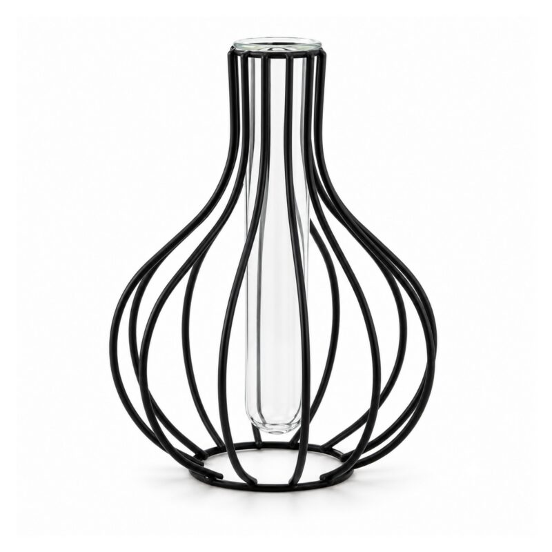 Wazon metalowy ażurowy ze szklaną probówką, złoty lub czarny, 15 cm - wariant czarny, B - kula 16 cm