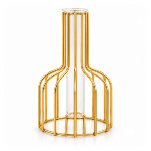 Wazon metalowy ażurowy ze szklaną probówką, złoty lub czarny, 15 cm - wariant złoty, A - butelka 15 cm