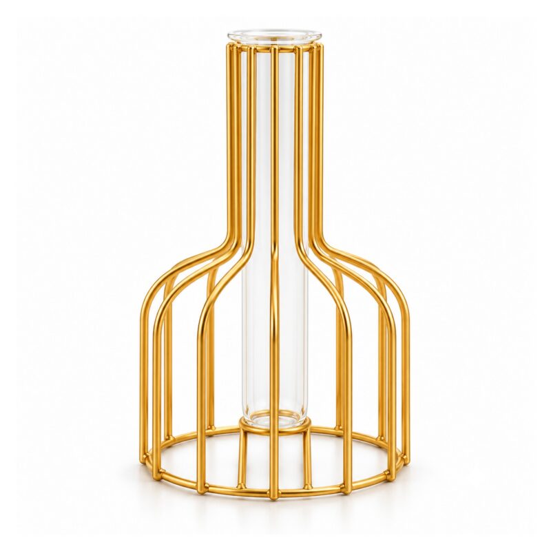 Wazon metalowy ażurowy ze szklaną probówką, złoty lub czarny, 15 cm - wariant złoty, A - butelka 15 cm