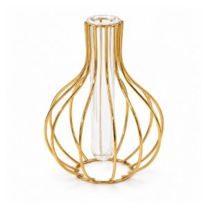 Wazon metalowy ażurowy ze szklaną probówką, złoty lub czarny, 15 cm - wariant złoty, B - kula 16 cm