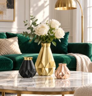Wazon porcelanowy geometryczny diament, złoty, czarny lub różowy - salon glamour, trzy wazony na marmurowym stoliku