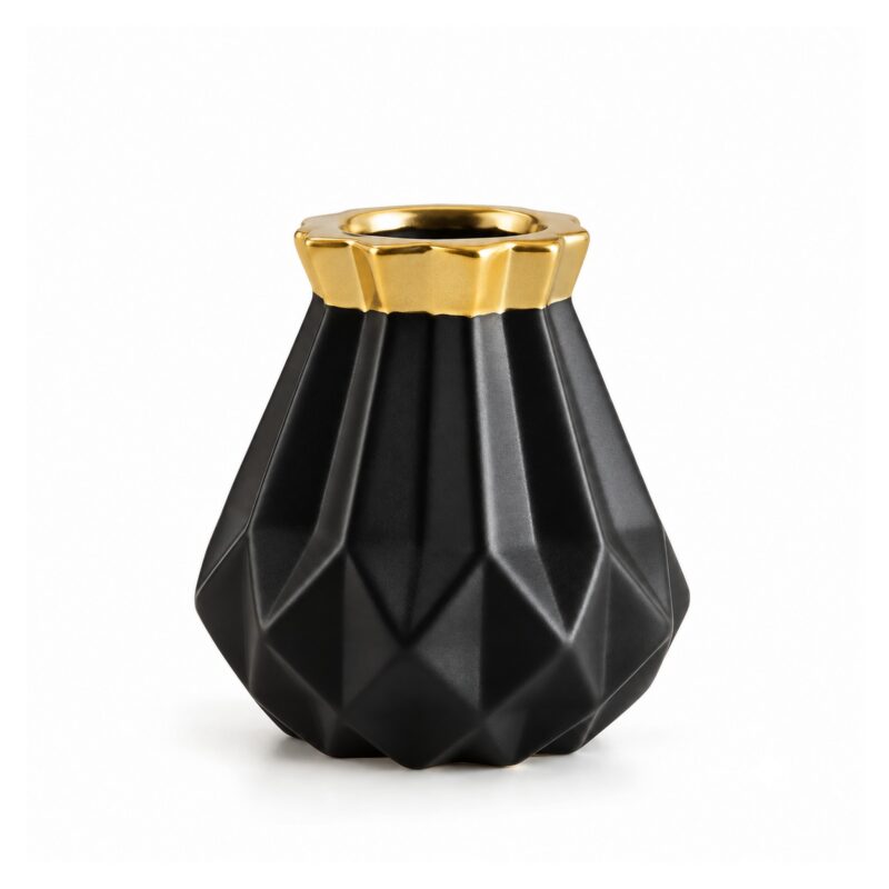 Wazon porcelanowy geometryczny diament, złoty, czarny lub różowy - wariant czarno-złoty, 11,8 cm