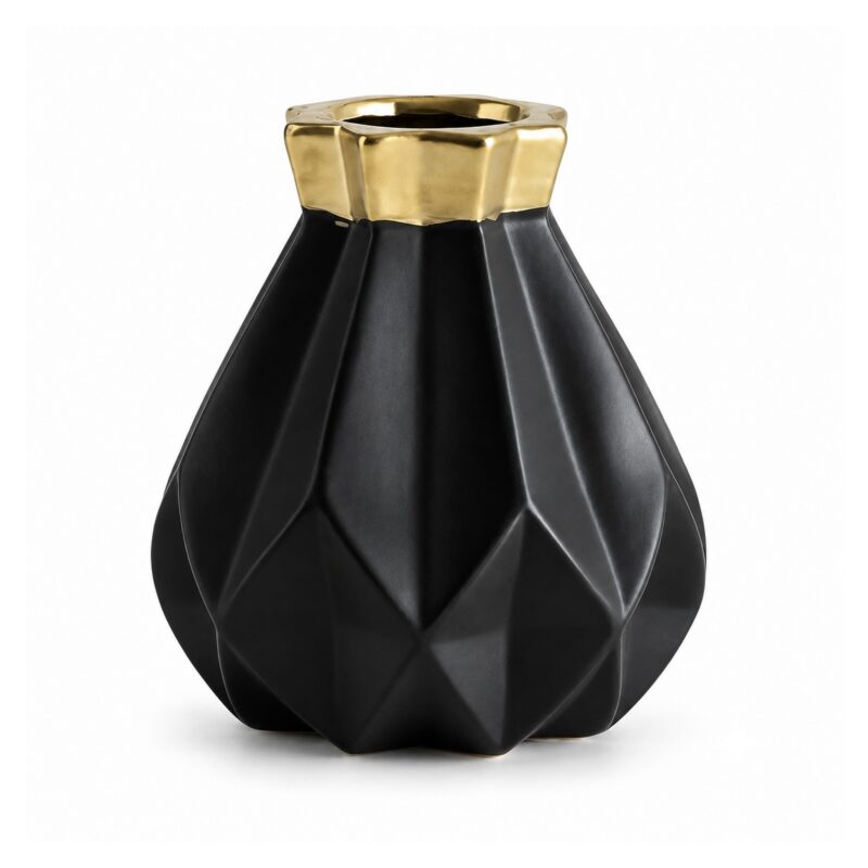 Wazon porcelanowy geometryczny diament, złoty, czarny lub różowy - wariant czarno-złoty, 15,4 cm