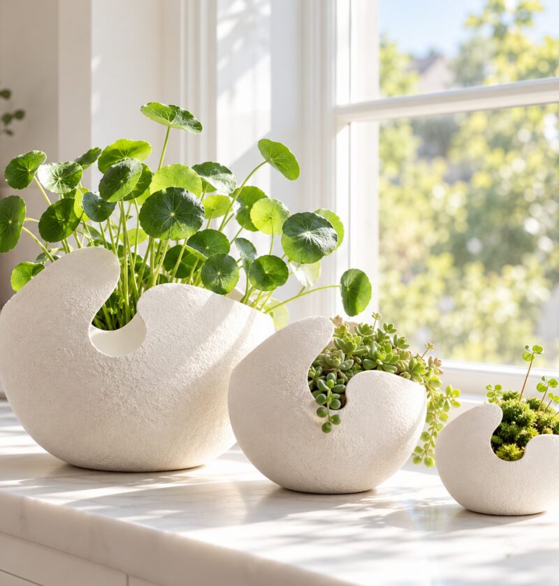 Wazon ceramiczny skorupka jajka z białej porcelany, 3 rozmiary - parapet w kuchni, trzy skorupki z roślinkami