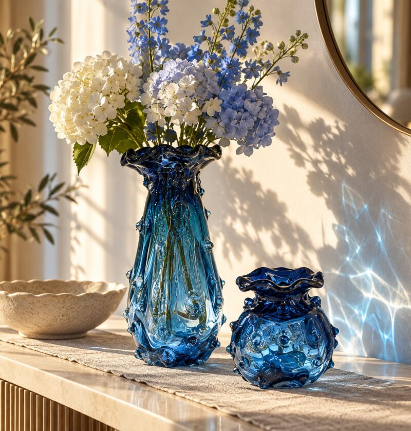 Wazon szklany niebieski z falistym brzegiem, ręcznie dmuchany, 3 rozmiary - trzy wazony w świetle słońca z cieniami na ścianie