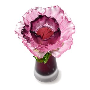 Wazon szklany w kształcie piwonii 28 cm, różowo-fioletowy, szkło odlewane - widok z góry do wnętrza kwiatu z otworem, na białym tle, bez logo