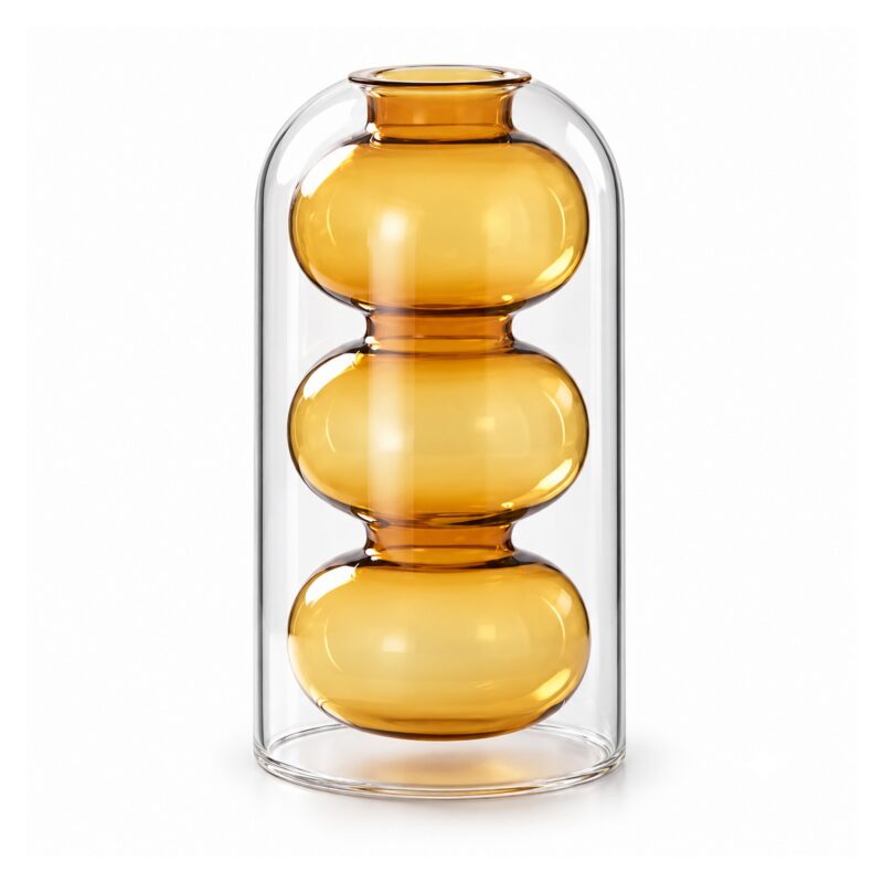 Wazon szklany z podwójną ścianką, kolorowy wkład, 12 lub 18,6 cm - wariant B - 18,6 cm, 600 ml, bursztynowy