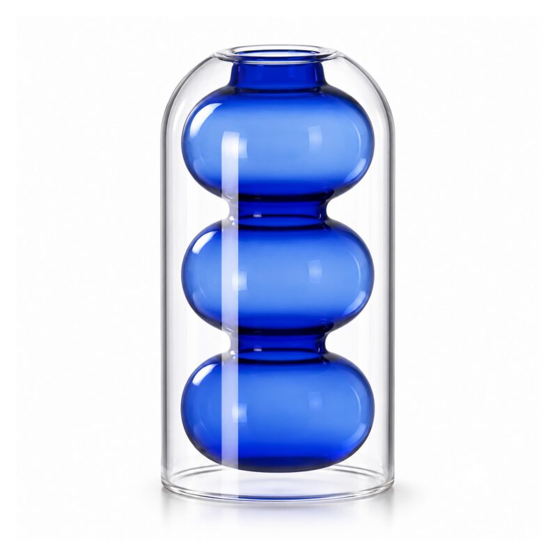 Wazon szklany z podwójną ścianką, kolorowy wkład, 12 lub 18,6 cm - wariant B - 18,6 cm, 600 ml, niebieski