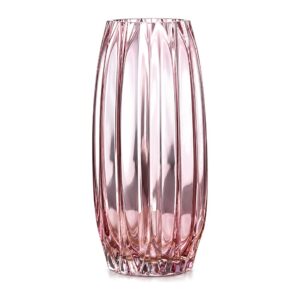 Wazon szklany ryflowany na kwiaty, niski 20 cm lub wysoki 28,5 cm - wysoki różowy wazon ryflowany na białym tle, bez linii wymiarów i naklejki