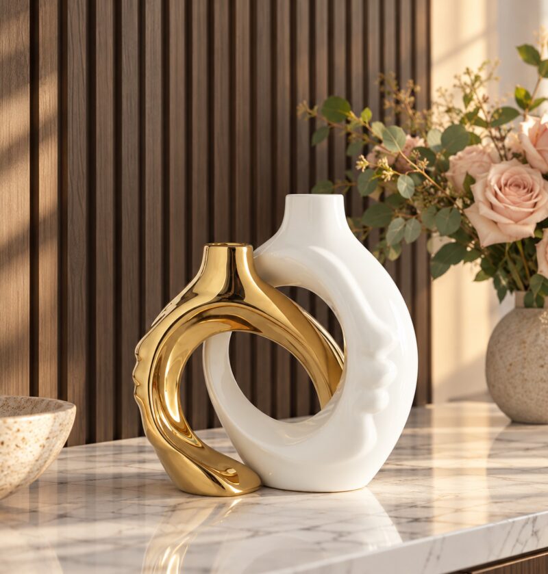 Wazony ceramiczne pierścienie, zestaw 2 szt., złoto lub srebro, 22 cm - marmurowa konsola przy ścianie z lamelami, bez książki z napisem