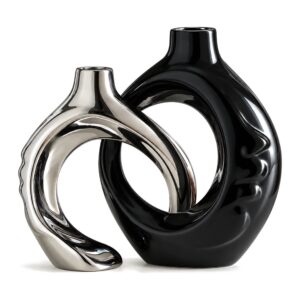 Wazony ceramiczne pierścienie, zestaw 2 szt., złoto lub srebro, 22 cm - zestaw czarny i srebrny na białym tle, bez wymiarów