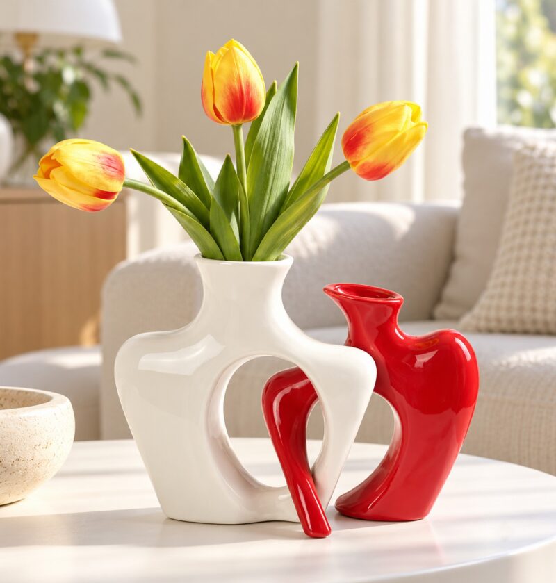 Zestaw 2 splecionych wazonów ceramicznych 19 cm, para, nowoczesny - jasny salon, biało-czerwony zestaw z żółtymi tulipanami na stoliku, bez napisów w tle