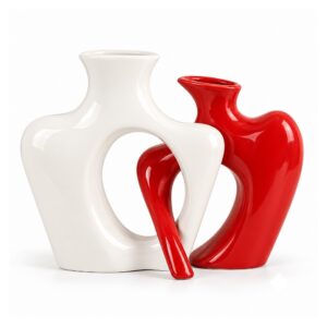 Zestaw 2 splecionych wazonów ceramicznych 19 cm, para, nowoczesny - wariant biały z czerwonym