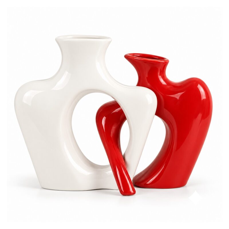 Zestaw 2 splecionych wazonów ceramicznych 19 cm, para, nowoczesny - wariant biały z czerwonym