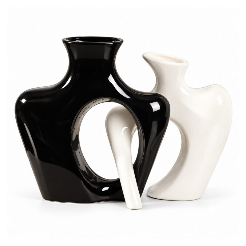 Zestaw 2 splecionych wazonów ceramicznych 19 cm, para, nowoczesny - wariant czarny z białym