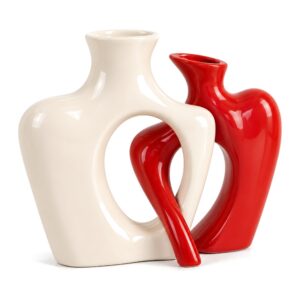 Zestaw 2 splecionych wazonów ceramicznych 19 cm, para, nowoczesny - biało-czerwony zestaw na białym tle bez linii wymiarów