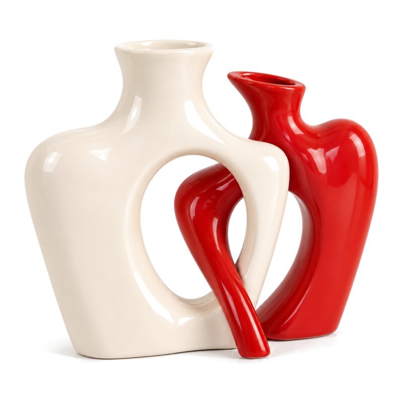 Zestaw 2 splecionych wazonów ceramicznych 19 cm, para, nowoczesny - biało-czerwony zestaw na białym tle bez linii wymiarów
