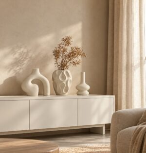 Zestaw 3 wazonów ceramicznych, kremowe, matowe, boho, do suszek - biała komoda w salonie japandi