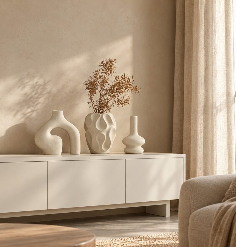 Zestaw 3 wazonów ceramicznych, kremowe, matowe, boho, do suszek - biała komoda w salonie japandi