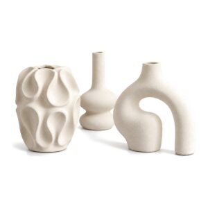 Zestaw 3 wazonów ceramicznych, kremowe, matowe, boho, do suszek - zdjęcie główne