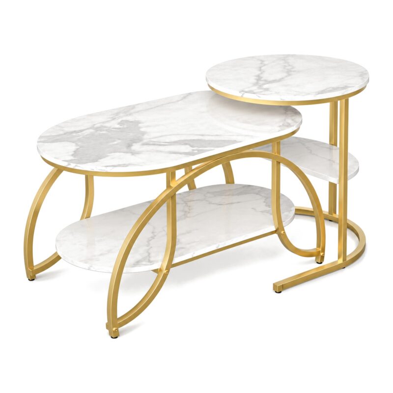 Zestaw 2 stolików kawowych z półkami, imitacja marmuru i złota rama - zdjęcie główne