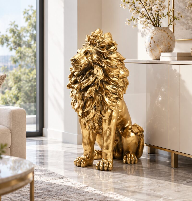 Figurka lwa złota z żywicy 52 cm, duża rzeźba stojąca na podłogę - jasny salon z białą szafką i oknem, złoty lew stojący na podłodze, realistyczna skala 52 cm