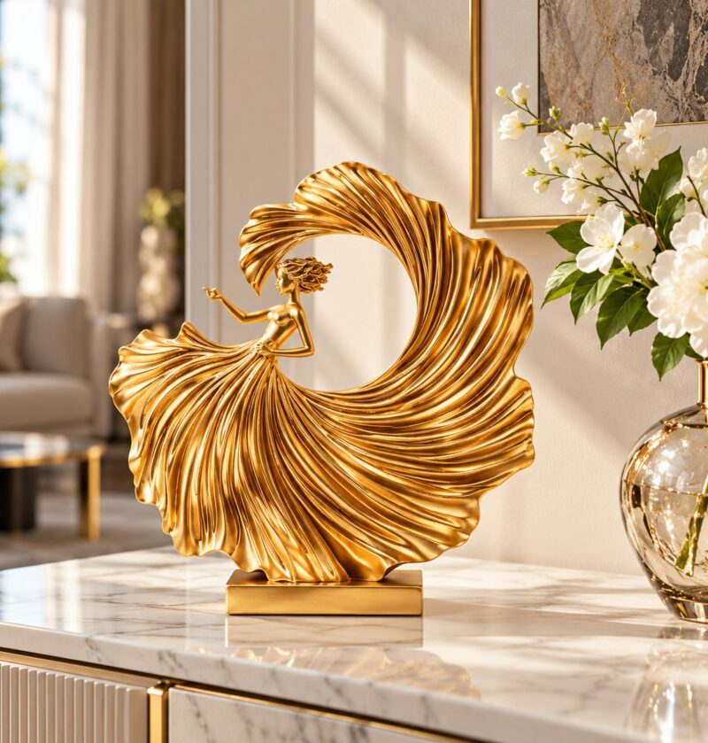 Złota figurka tancerki z żywicy 26,5 cm, nowoczesna dekoracja salonu - salon w stylu glamour, biała komoda, szklany wazon z żółtymi orchideami, ciemny obraz w tle